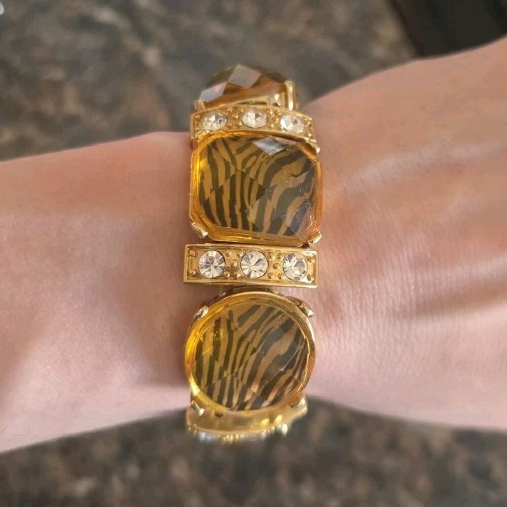 Gold Brown Beaded Statement Fashion Bracelet Plastic Metal Round Costume Jewelry